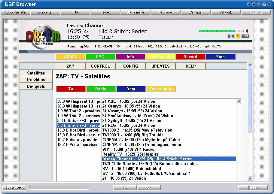 Browser: DreamBox DM7000 Her kan du se info om hvad der er på den markerede kanal og du kan også skifte