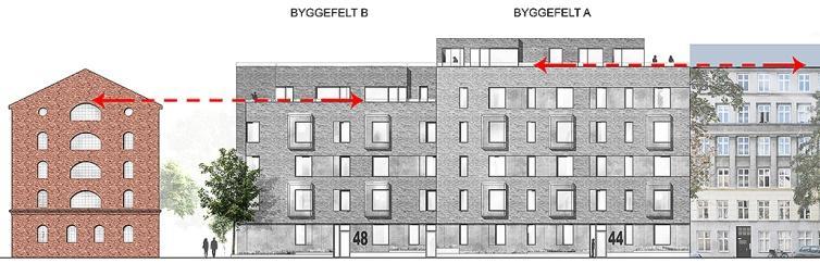 Ny figur 1 Figur 1. Facadeillustration, der viser princip for, hvordan gesimser på ny bebyggelse i byggefelt A og B skal tilpasse sig nabobygninger. 5 stk.