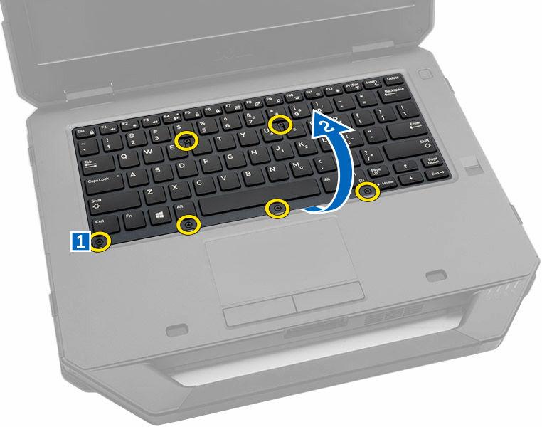 Sådan fjernes tastaturet 1. Følg procedurerne i Før du udfører arbejde på computerens indvendige dele 2. Fjern: a. Batteri 3.