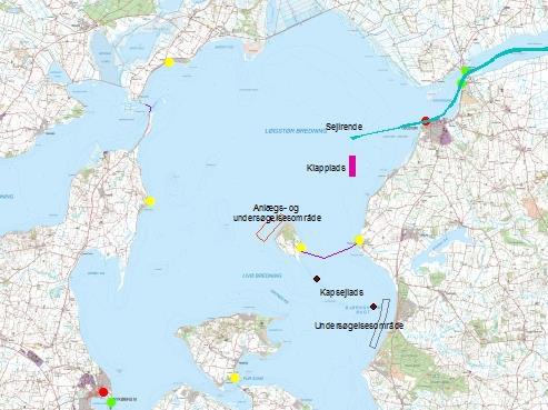 Figur 5. Erhvervshavn (grøn prik), Lystbådehavn (gul prik), Erhvervshavn og Lystbådehavn (rød prik), sejlrender (grøn streg), færgeforbindelser (lilla streg) samt klapplads i Løgstør bredning.