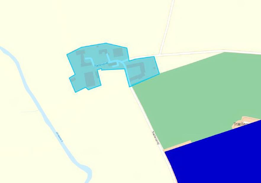 Figur 1. Det nye kloakopland TR02, bestående af ejendommene Trællerupvej 4a, 5, 6 samt 8. Kloakoplandet ligger ca. 200 meter nordvest for det eksisterende kloakopland TR01, og ca.