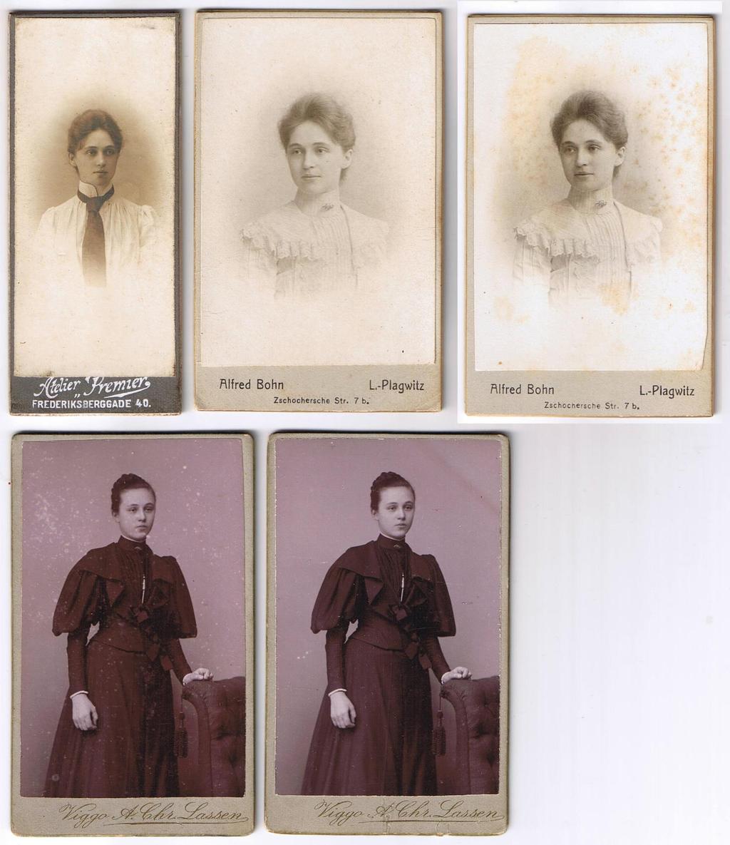 Fotos af Jenny Lovise Madsen. Lovise blev født 4 aug 1879 og døde på sin fødselsdag 4 aug 1964.