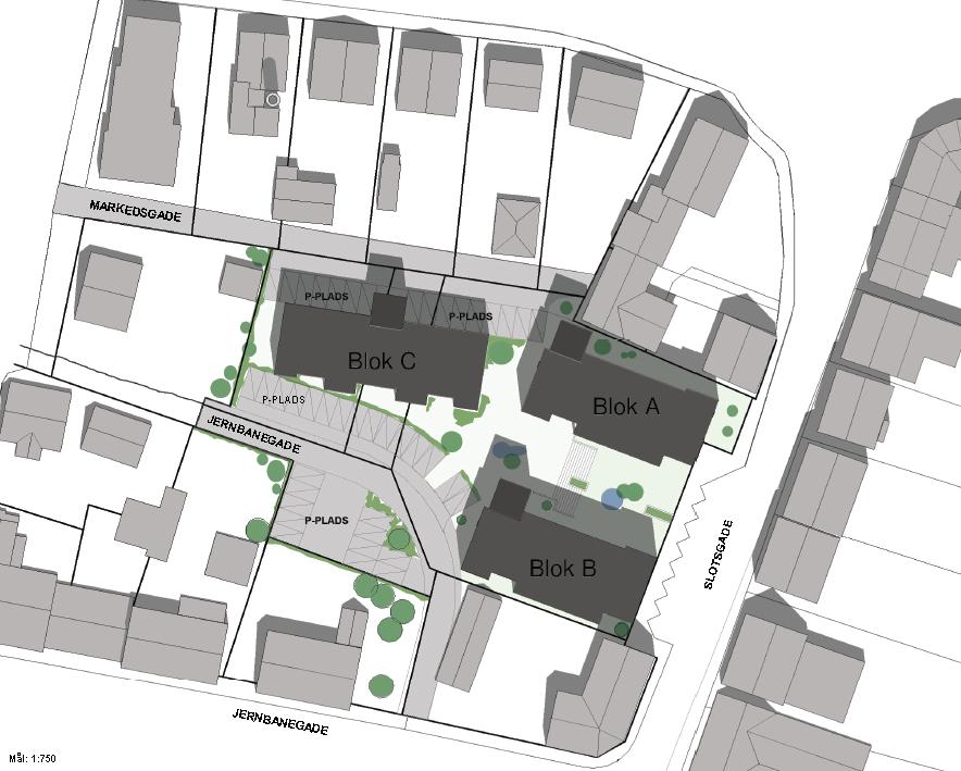Illustrationsplan af mulig fremtidig bebyggelse og pladsdannelse Beskrivelse af byggeriet Disponering: Bebyggelsen indeholder 3 enkeltstående blokke A, B og C alle i 3 etager med flade - eller næsten