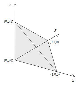 4 a) Mængden S som udgør vores domæne. b) Fladerne z + y + z = 1 og 2 + x + y) 2 z 2 = 0. Figure 1. a) Den gråsalerede pyramide med hjørnerne 0, 0, 0), 1, 0, 0), 0, 1, 0) og 0, 0, 1) udgør regionen S.