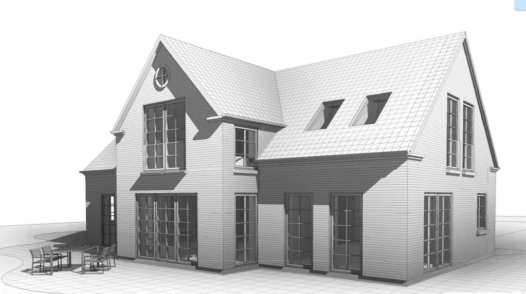Visualisering af stuehuset Langegyde 58. Visualisering af stuehus og driftsbygning.