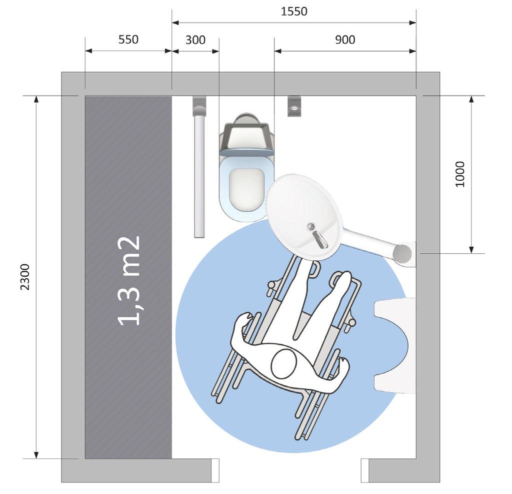 Toilet til den plejekrævende bruger i kørestol Med Ropox s løsninger kan badeværelses-arealet reduceres med 1,7  Badeværelset viser