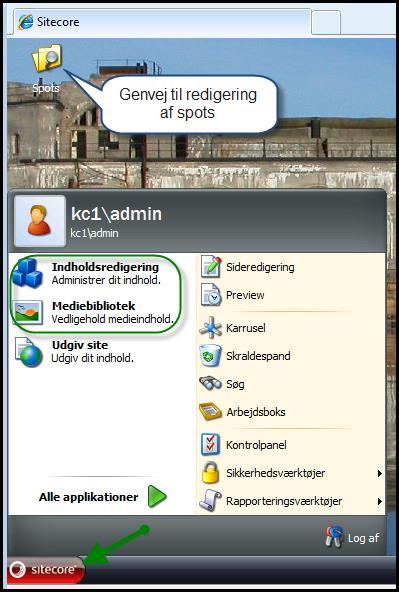 Sitecore Desktop Når der er logget ind vises Sitecore Desktop, hvor der er mulighed for adgang til de enkelte funktioner enten via genveje på Desktoppen eller via Sitecore knappen nederst til venstre.