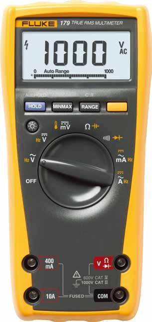 6000 count digital display MIN/MAX/AVG HOLD/AutoHOLD Backlight Analog bar graph C/ F selection (179 only) Secondary function Manual/autorange Function dial 400 ma, 10 A current, with fused input