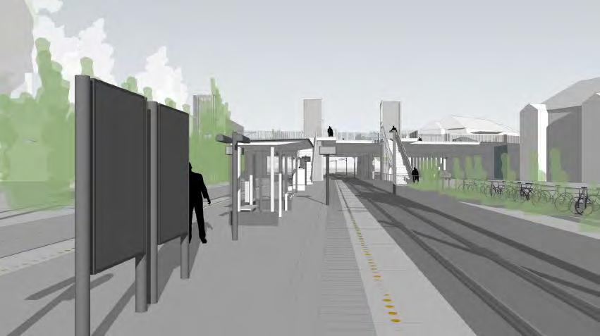 Visualisering af den kommende Letbanestation samt S-togs perron set fra Sønderlundsvej Som led i letbaneprojektet etableres trapper og elevatorer fra vejene nord