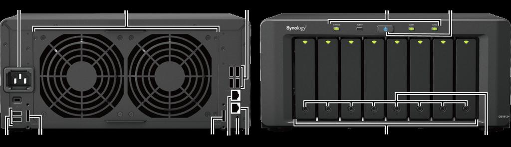 Overblik over Synology DiskStation Nej. Navn på del Placering Beskrivelse 1) Power-knap Frontpanel Strømknappen bruges til at tænde/slukke for Synology DiskStation.