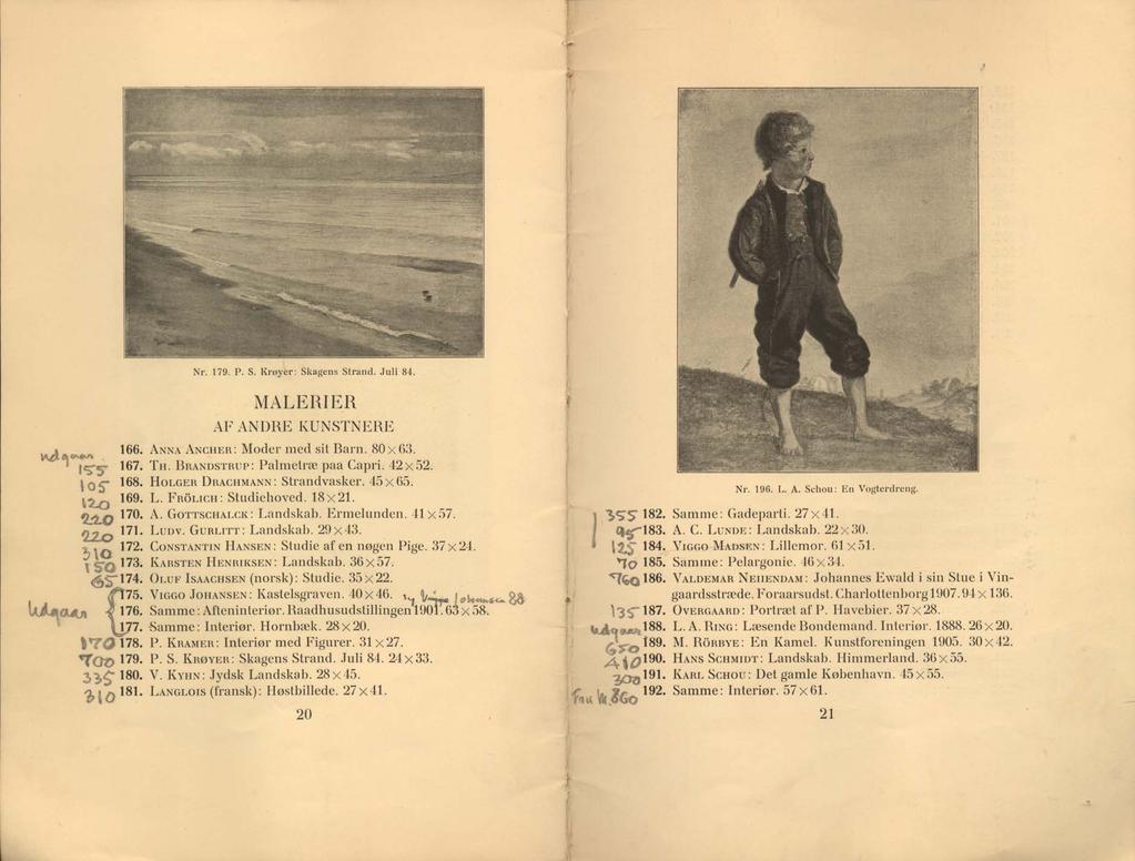 i Nr. 179. P. S. Krøyer: Skagens Strand. Juli 84. MALERIER AF ANDRE KUNSTNERE A n n a A n c h e r : Moder med sit Barn. 80x63. T h. B r a n d s t r u p : Palmetræ paa Capri. 42x52.