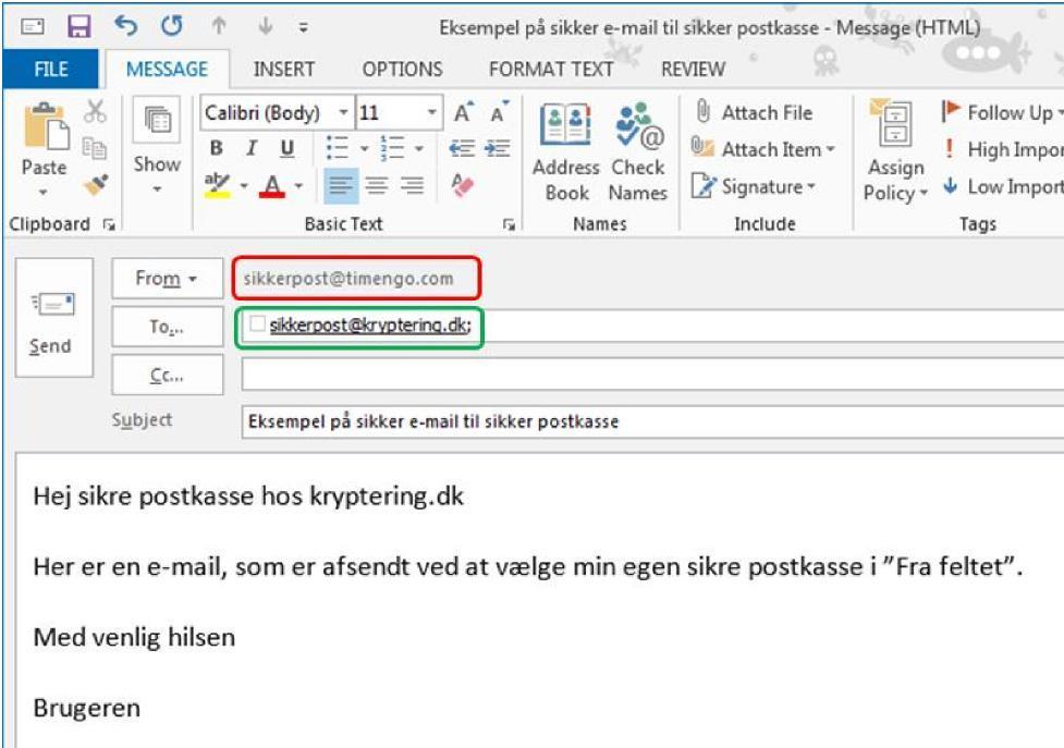 Du åbner på normal vis en e-mail i din Outlook. I til feltet skriver du e-mailadressen på den sikre postkasse du ønsker at sende til (i eksemplet nedenfor sendes til sikkerpost@timengo.com).