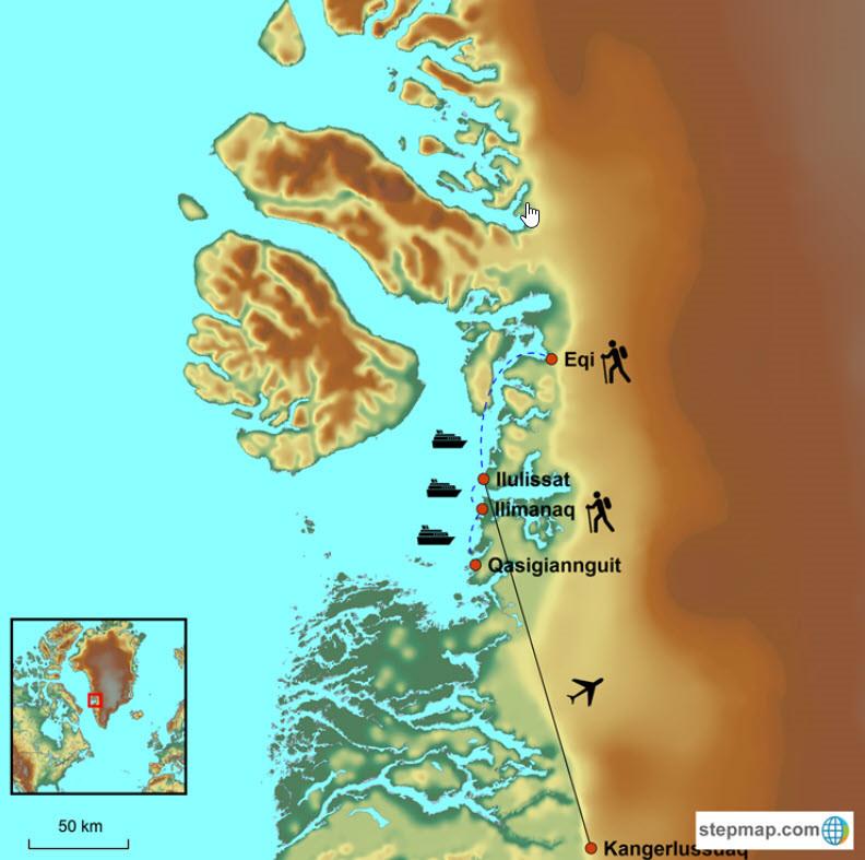 Kort over turen Ilulissat - gigantiske