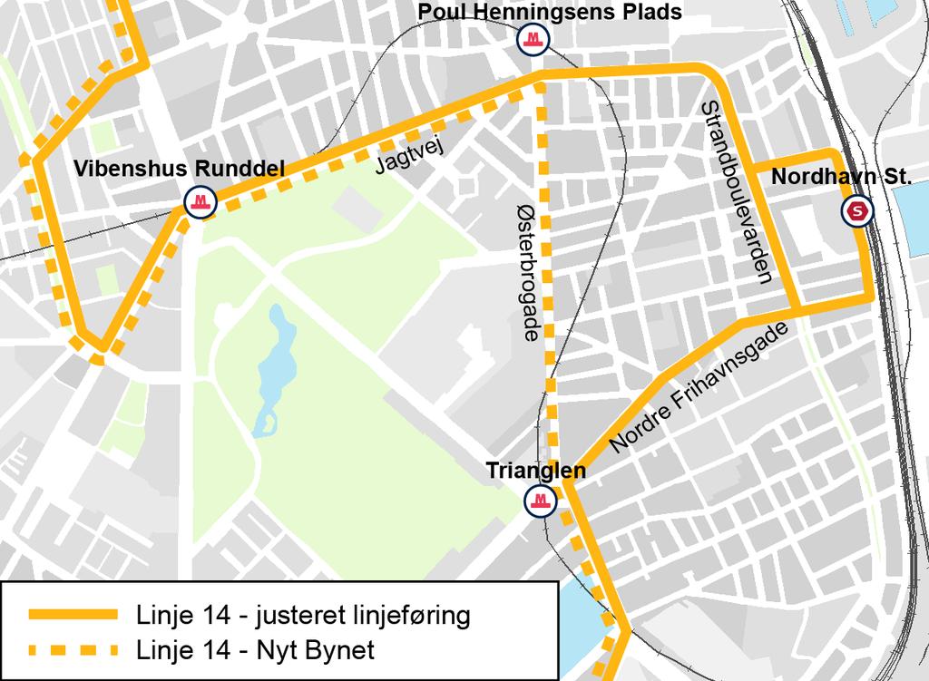 1: Omlægning af linje 14 til Nordre Frihavnsgade I forslaget til det lokale busnet kører der ikke busser på Ndr. Frihavnsgade. Østerbro Lokaludvalg og Ældrerådet har ønsket, at der fortsat er buskørsel på Ndr.