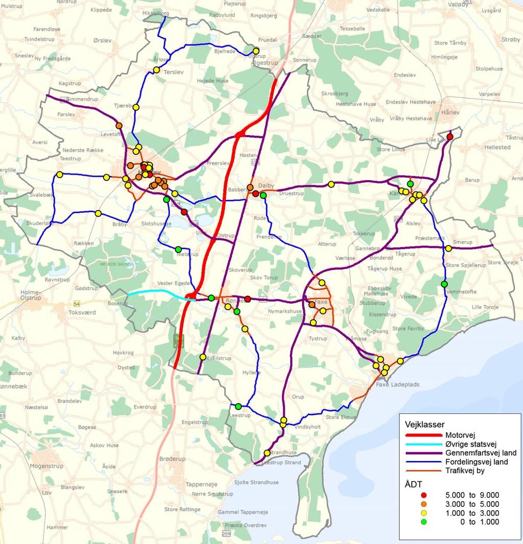 TRAFIKHANDLINGSPLAN 11 Figur 3.2 Trafiktal i ÅDT (gennemsnitligt antal biler pr dag) på de af vejene, hvor kommunen har trafiktællinger på kommunens trafikveje.
