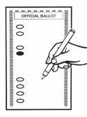 2 Red ink Elvira voted here! 3. Vote Completely fill in the oval. DO NOT circle or mark oval with an "X" or a " ". 4. Complete Ballot Vote the ballot.