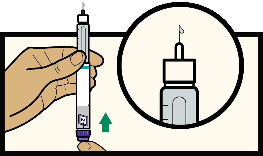 Vælg en testdosis på 2 enheder Vælg en testdosis på 2 enheder ved at dreje på dosisvælgeren, indtil den sorte markør står ud for tallet 2.