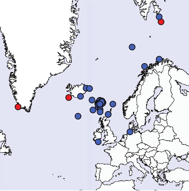 762) inklusive 49 mærket på Hatton ank (9 3 N, 16 W) og 11 på Lúsabankin (6 3 N, 12 3 W). ) Mærkningslokaliteter nær Færøerne.