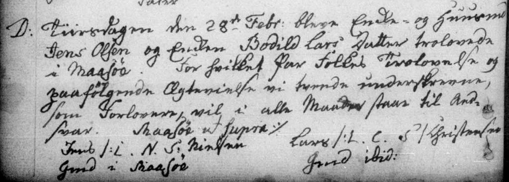 Bodil gift med Jens Olsen KB Hagested 1744-1814, 1791 (opslag 279) 4 Sønd i Advent den 18 Decx: blev Huusmand i Maasøe Jens Olsens Hustrue