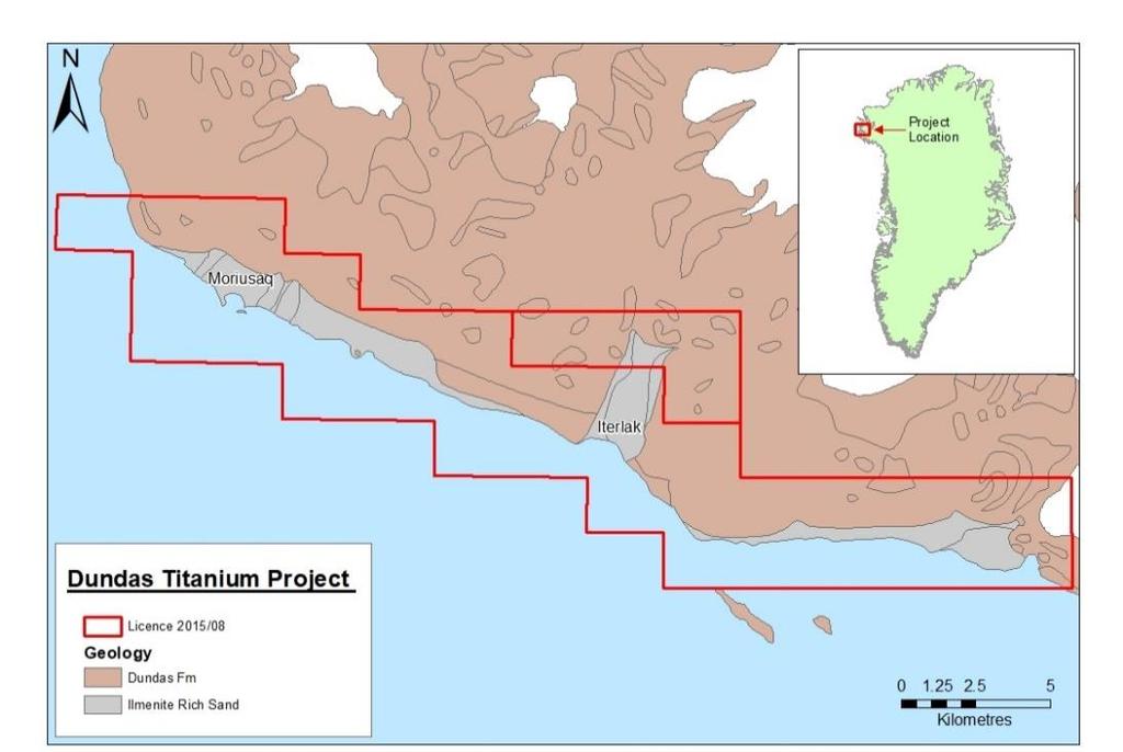 Figur 1 Omfanget af efterforskningslicensen, der dækker Dundas Titanium projektet; kun den hævede havbund og strand fra det nordvestlige hjørne, vest for Moriusaq (øverste venstre hjørne af