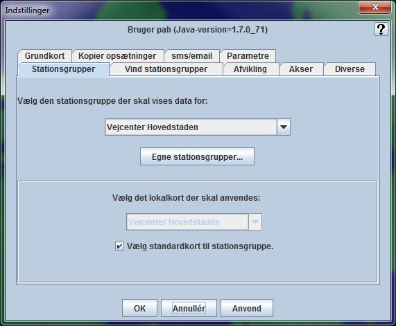 Brugervejledning til VejVejr version 12.0 September 2016 Indstillinger I vinduet Indstillinger vises under hvilket brugernavn man er logget ind.