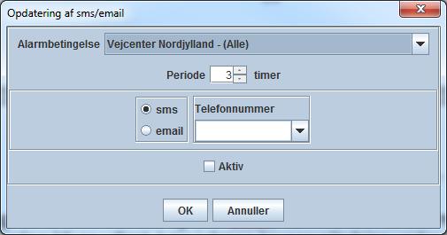 Brugervejledning til VejVejr version 12.0 September 2016 Man kan vælge modtagelse af sms-besked og/eller email, når/hvis den/de alarmkriterier man har sat op i skærmbilledet Overvågning bliver udløst.