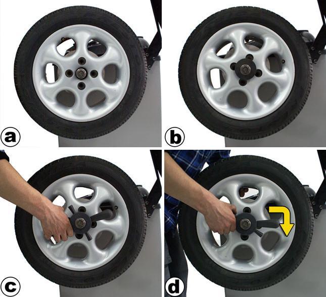 Fig. 5.7 Montering af hjul på afbalanceringsapparatet. Figur 5.8 Viser hvorledes man afmontere hjulet fra hovedakslen (fig. 5.8a) Løsen quickbespændingen ved at dreje den imod uret, (fig. 5.8b).