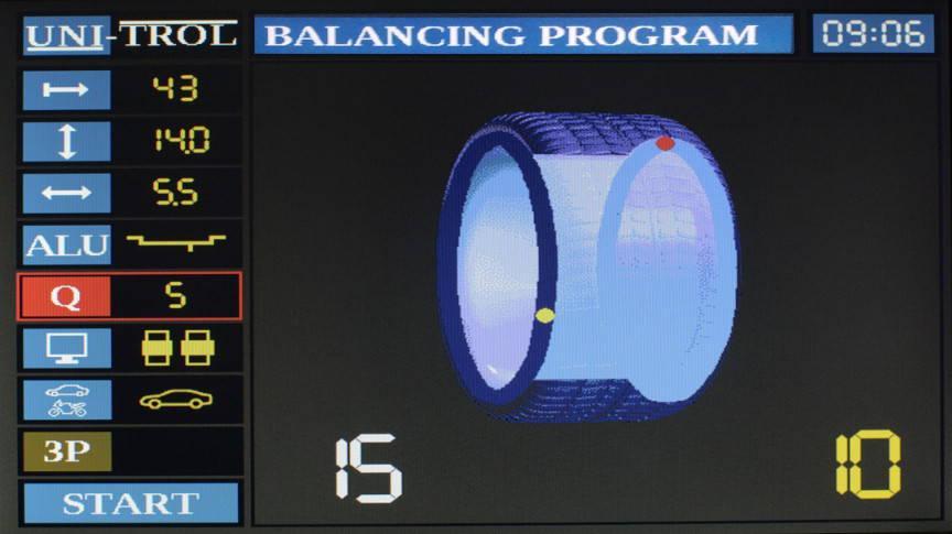 6.4 Afbalanceringsprogrammer Balanceringsprogrammets skærm er præsenteret i fig. 6.3. Den venstre sektion indeholder en menu til indstilling af hjulparametre eller andre måleegenskaber. Tabel 6.