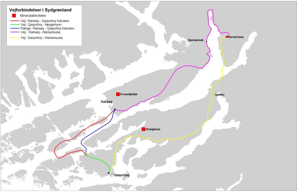 Redegørelse: Transportinfrastruktur i Sydgrønland 32 / 74 Figur 25 Illustration af alternative forbindelser mellem Narsarsuaq og Qaqortoq via Narsaq Anlæg af disse forbindelser vil resultere i