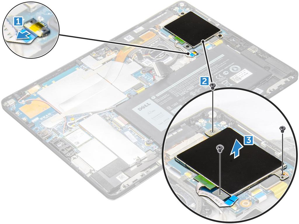 b BEMÆRK: usim-kortpladsen forefindes kun på tablets, der leveres med WWANmodul. skærmpanel 3 For at frakoble kablerne: a Frakobl chipkortkablet fra chipkortkabinettet [1].