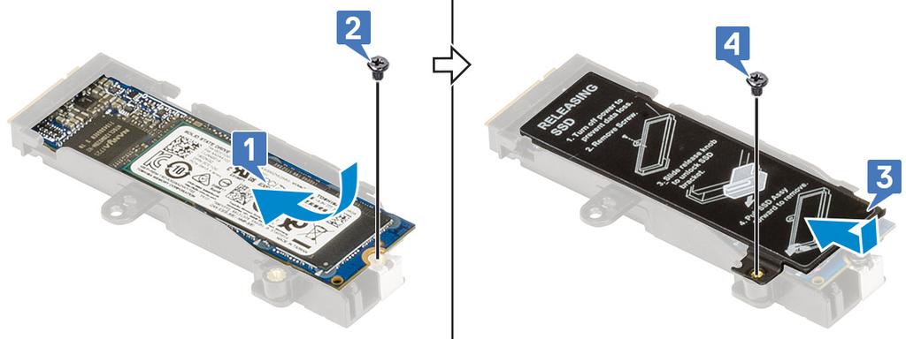 7 For at installere M.2 SSD modul (Slot 4): a Placér M.2 SSD ind i det tilhørende slot i SSD-holderen [1]. b Fastgør den enkelte (M2,0x3,0) skrue for at fastgøre M.2 SSD til SSD-holderen [2].