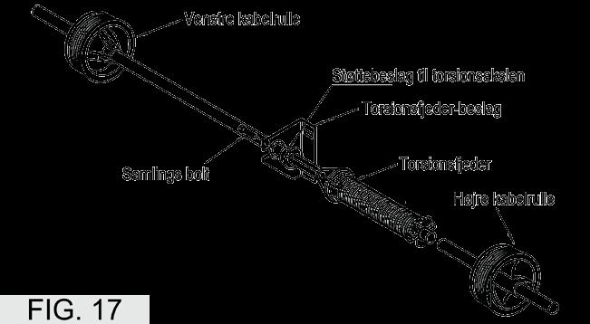 1. Samling af venstre og højre beslag for fjederaksel Komponenterne fjederaksel, venstre og højre akselleje-beslag, torsionsfjedre-beslag, venstre og højre kabelrulle og torsionsfjedre prøvesamles,