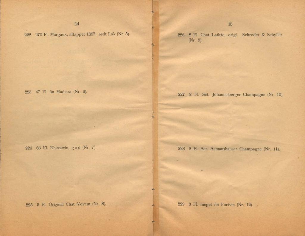 222 270 Fl. Margaux, aftappet 1887, rødt Lak (Nr. 5). 226 8 Fl. Chat Lafitte, origl. Schrøder & Schyller. (Nr. 9). 223 47 Fl. fin Madeira (Nr. 6). 227 2 Fl. Set.