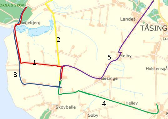 Figur 9: Mulige kørselsruter ikke-sæsonbetingede A-transporter. Rute 1: Denne rute passerer ca. 10 ejendomme fra Søren Lolks Vej og ind til anlægget.