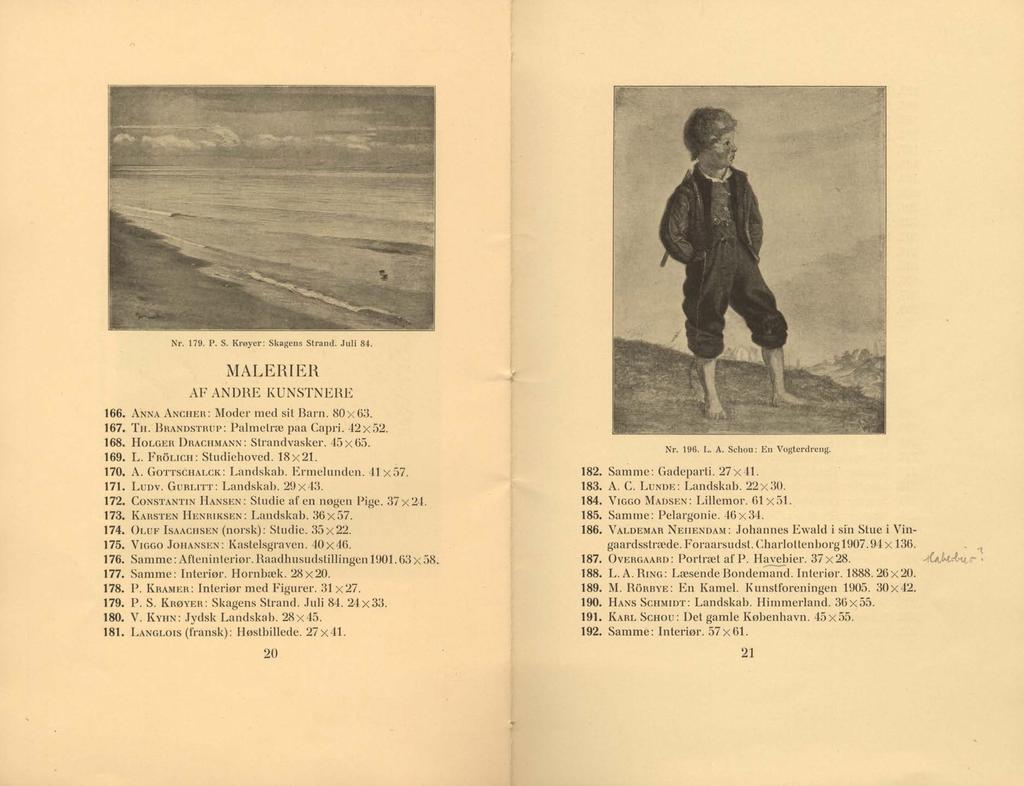 Nr. 179. P. S. Krøyer: Skagens Strand. Juli 84. MALERIER AF ANDRE KUNSTNERE 166. A nna A n c h e r : Moder med sit Barn. 80x63. 167. T h. B r a n d s t r u p : Palmetræ paa Capri. 42x52. 168.