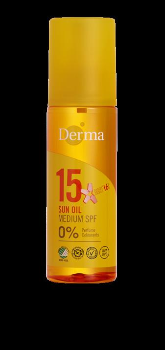 Derma Sololie Spray SPF 15 150 ml Mellem beskyttelse Meget vandfast Lækker, transparent olie Med E-vitamin og fugtgivende olier Uden