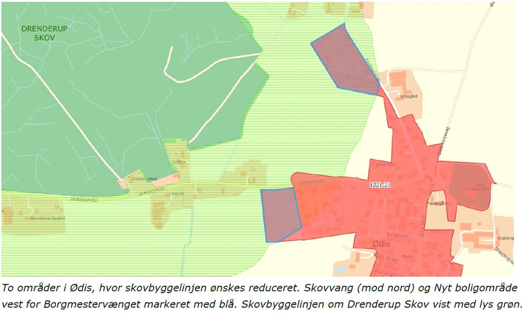 Bilag 2: Lokalplanens afgrænsning med rød markering samt gældende skovbyggelinje med grøn