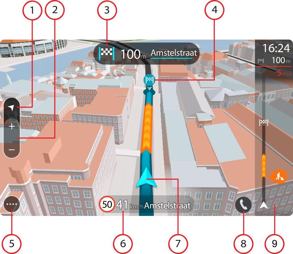 Tip: Når du har planlagt en rute, og 3D-vejledningsvisning vises, kan du skifte visningsknappen for at ændre kortvisningen og bruge de interaktive funktioner.