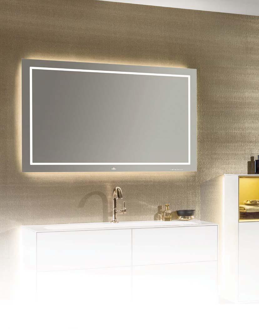 FINION SPEJL med Emotion-lys og Bluetooth EN LED-OPLYST ramme rundt om spejlet skaber en unik stil og giver lys på hele badeværelset.