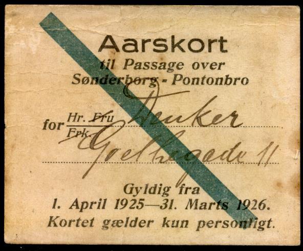 Efter takstabellen fra 1930 må der helt sikkert findes flere typer billetter / mærker. Annulleringer pt. ukendte. En lidt større samling af postkort fra broerne over Alssund kan ses her. Klik her.