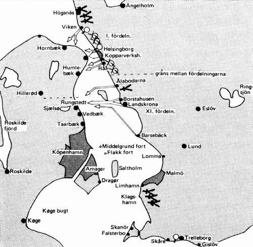 Hovedtræk i Operation Rädda Själland, pr. 30. april 1945. Fra Kilde 1. Operation Rädda Själland Planerne for en intervention på Sjælland var langt den største af operationerne og omfattede bl.a. I.
