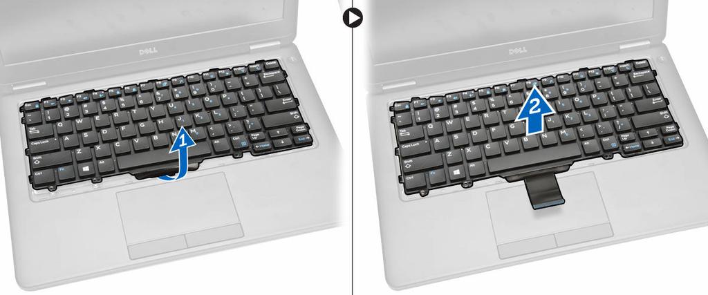Stram skruerne for at fastgøre tastaturet til computeren. 4. Installer: a. tastaturramme b. batteri c. bunddæksel 5.