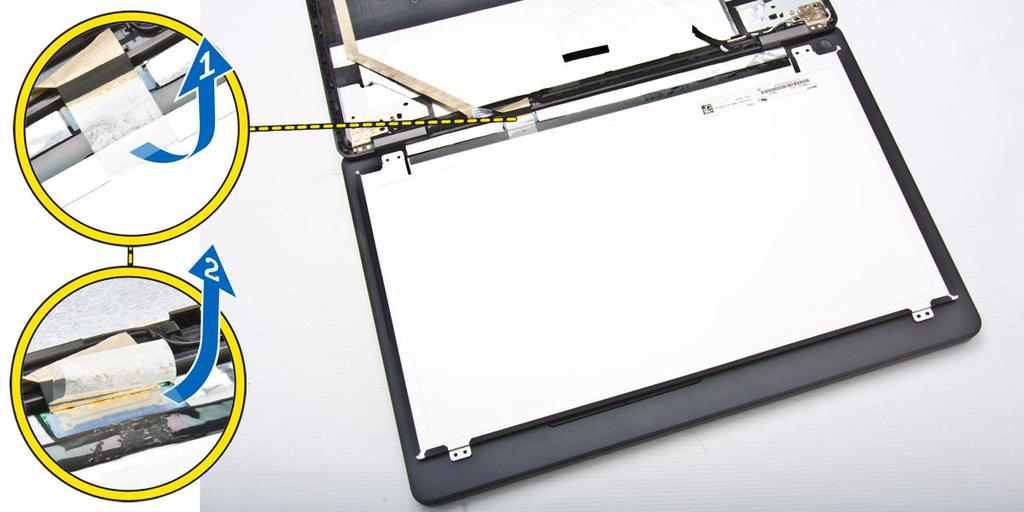 Fjern skruerne der fastgør skærmpanelet til skærmmodulet [1] og løft og vend skærmpanelet for at få adgang
