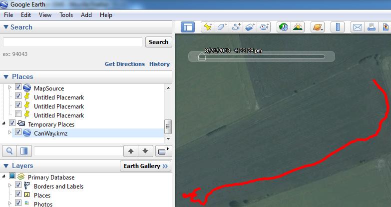 Tryk på GE-ikonet for at få sporet vist i Google Earth Nu vises sporet i GE.