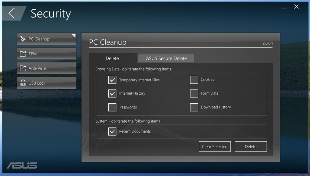 Security (Sikkerhed) Klik på Security (Sikkerhed) på ASUS Manager-skærmen, for at få adgang til programmerne PC
