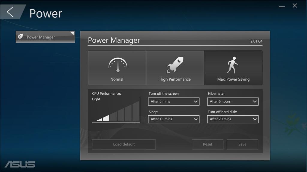 Power (Strøm) Klik på Power (Strøm) på ASUS Manager-skærmen, for at konfigurere strømstyringen.