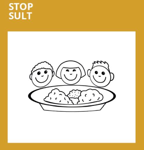 Verdensmål 2: Stop sult Børnetegningen forestiller børn, der har mad på en fælles tallerken. Det 2. verdensmål handler bl.a. om, at alle mennesker i hele verden skal have mulighed for at spise sig mætte hver dag.