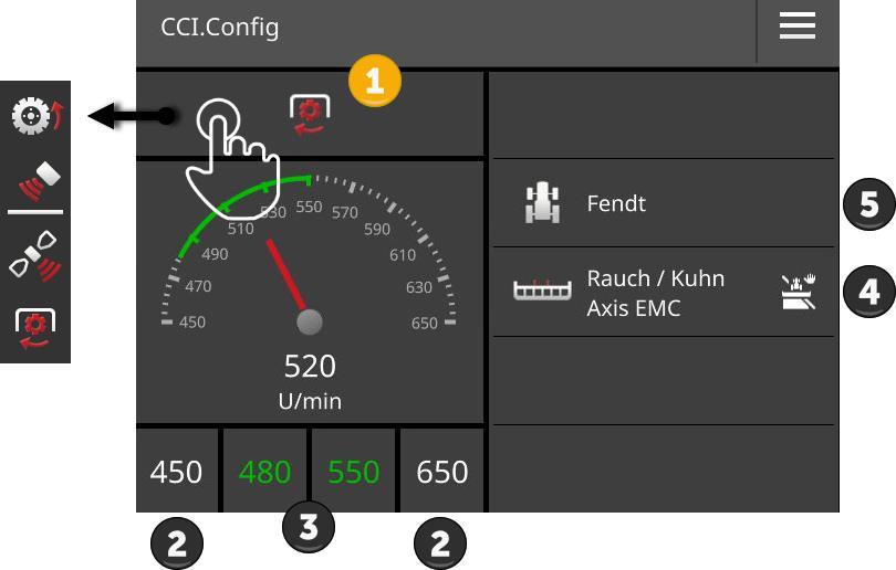Maskinindstillinger 6.6 Fartmåler Opret en egen fartmåler i CCI.Config: Til højre ved siden af fartmåleren vises den valgte traktor, den valgte maskine og CCI.