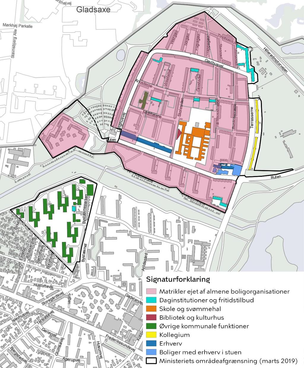 Figur 2: Funktioner i området, 2019 Bebyggelsesstruktur og boligforhold Boligtyperne er forskellige fra område til område i Tingbjerg.