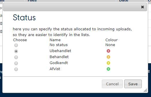 Ved at klikke på knappen No status eller Afvist eller Ubehandlet ovenfor, kan det eksterne login skifte status for det pågældende upload.